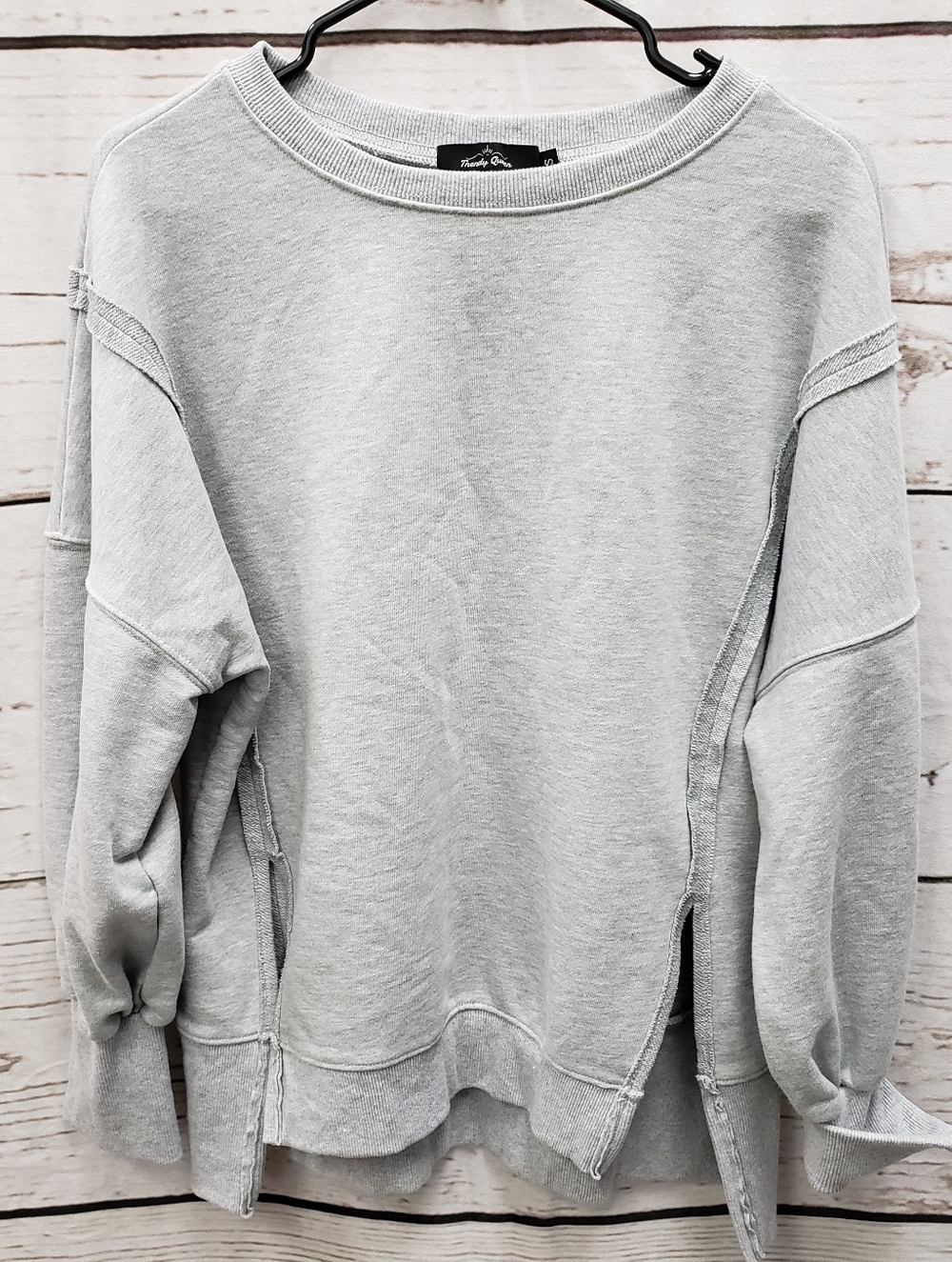 Trendy Queens Sz Small Gray Womens Oversized Sweatshirt Exposed Seams Side Slit